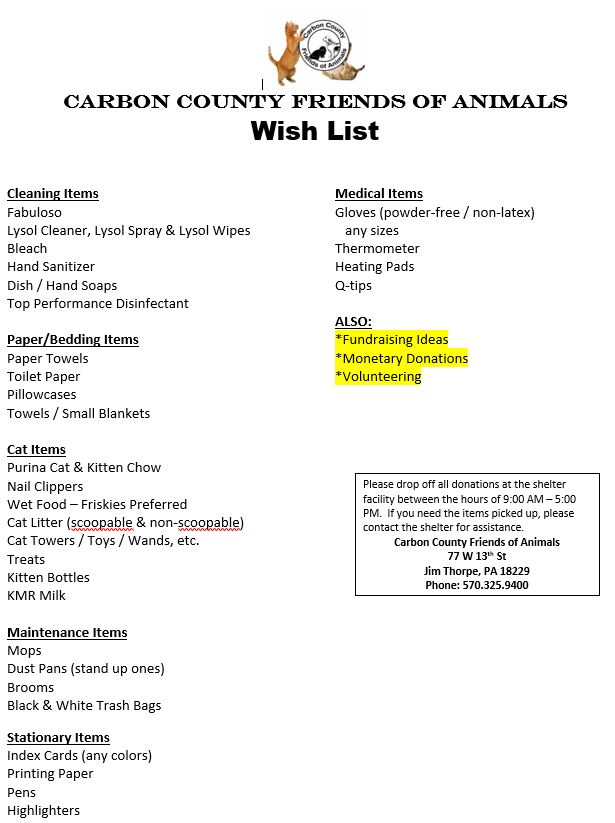 Wish List | CCFOA – Carbon County Friends of Animals